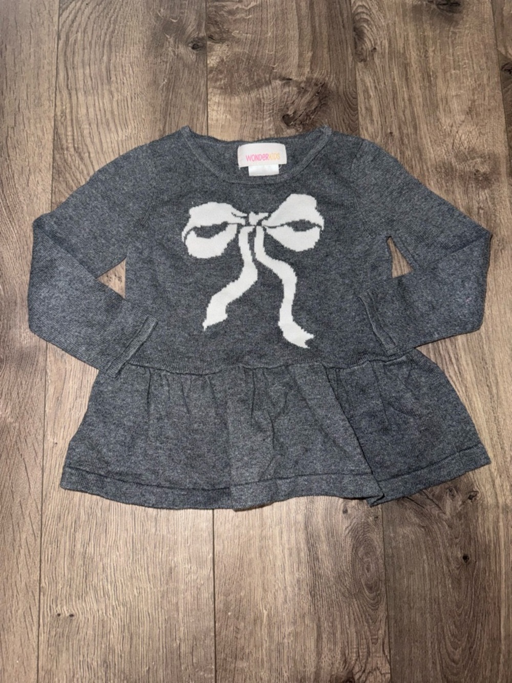 Wonderkids Charcoal Knit Peplum Top with White Bow Accent